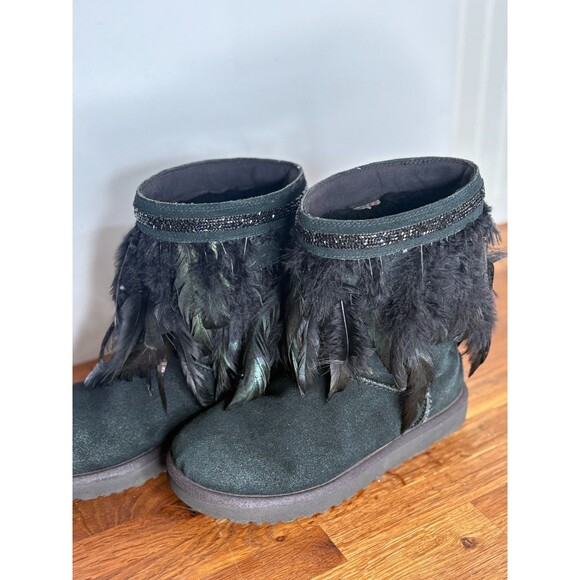 UGG Women's 8 Black Suede Peacock Feather Sheep Fur‎ Lined Boots Swarovski Trim - Picture 4 of 7